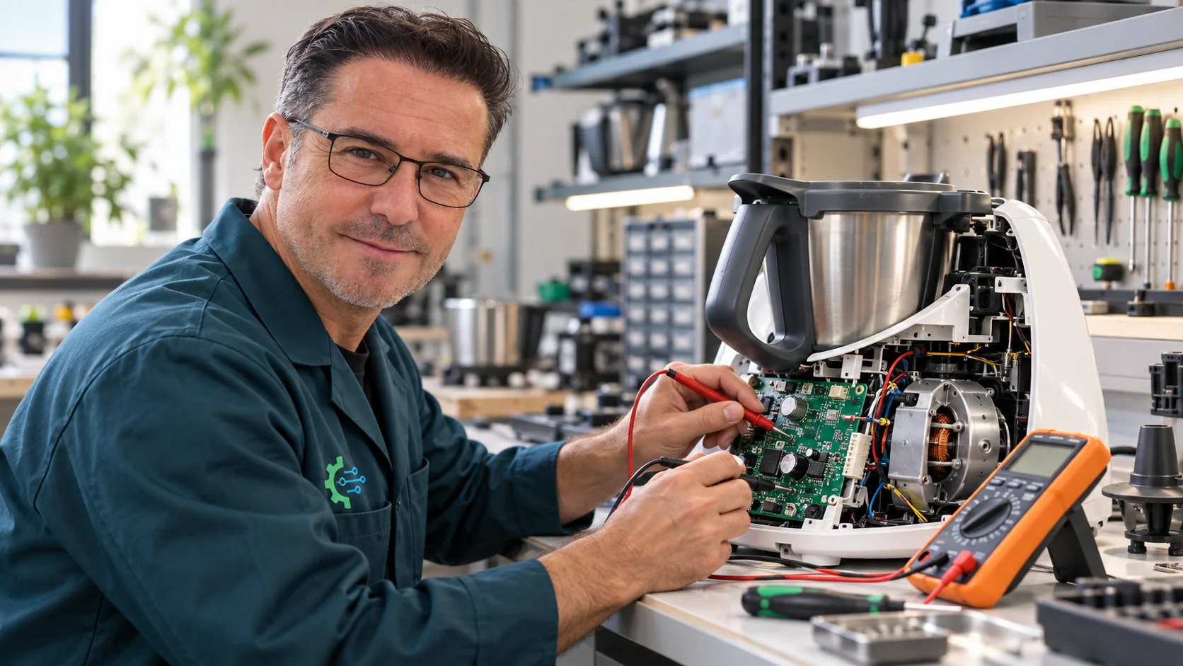 Guillermo diagnosticando una Thermomix en Sator Electrónica